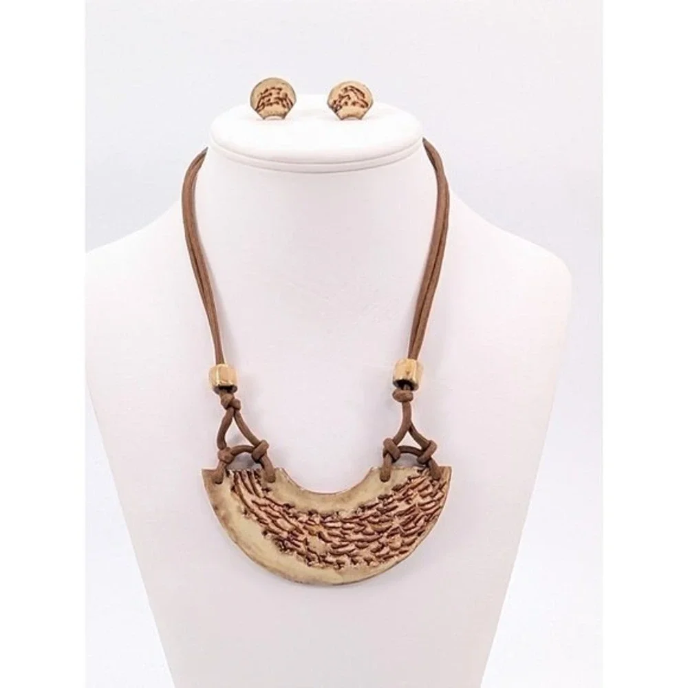 VTG Peru Handmade Ceramic Studio Art Pottery Bib Necklace Earrings Set Brutalist
